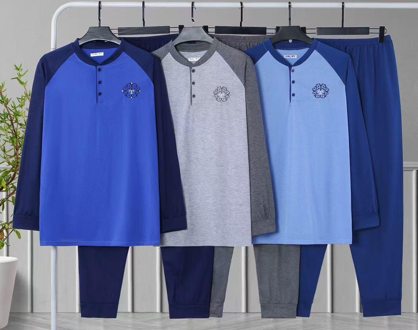 Pigiama Uomo in Cotone - set 2 Pezzi Manica Lunga con Bottoni stile Sportivo