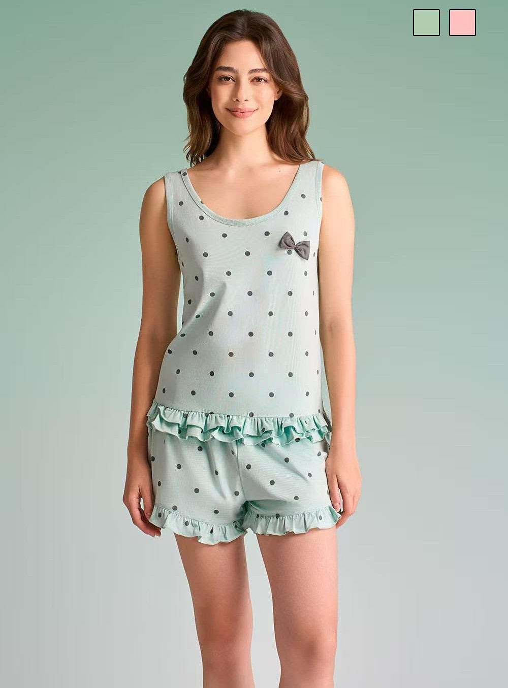 Completo Pigiama Donna Corto a Pois con Volant – Set Notte Estivo Comodo e Femminile