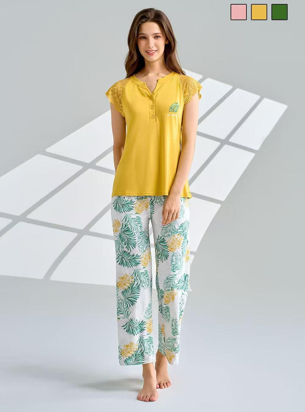 Pigiama Donna Estivo Due Pezzi in Modal - top con spalle in pizzo e pantaloni a fantasia - Elegante e Comodo