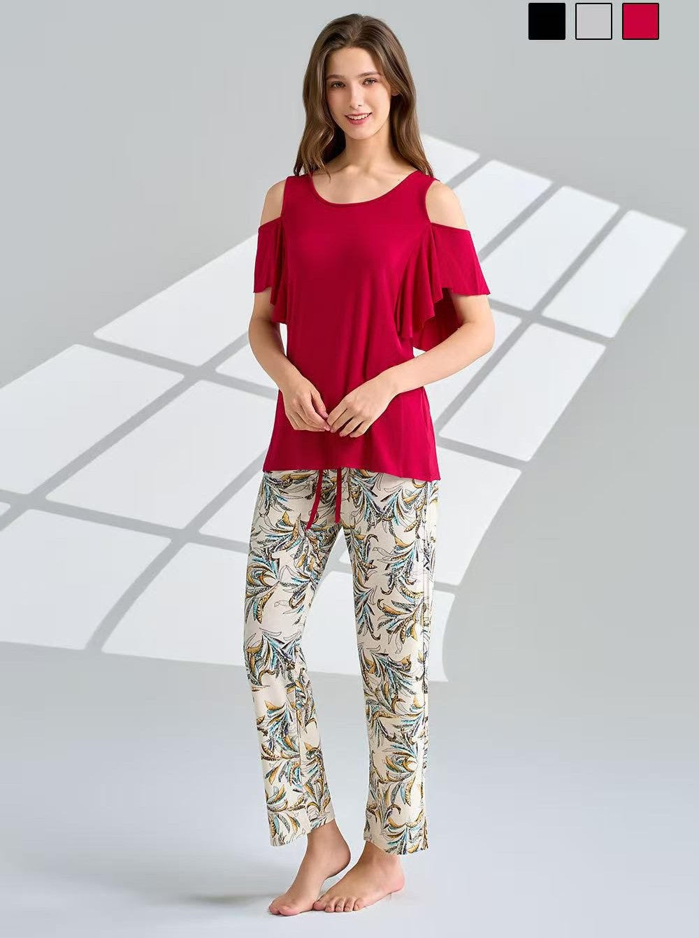 Completo Pigiama donna elegante - Top con Spalle Scoperte e Pantaloni a fantasia